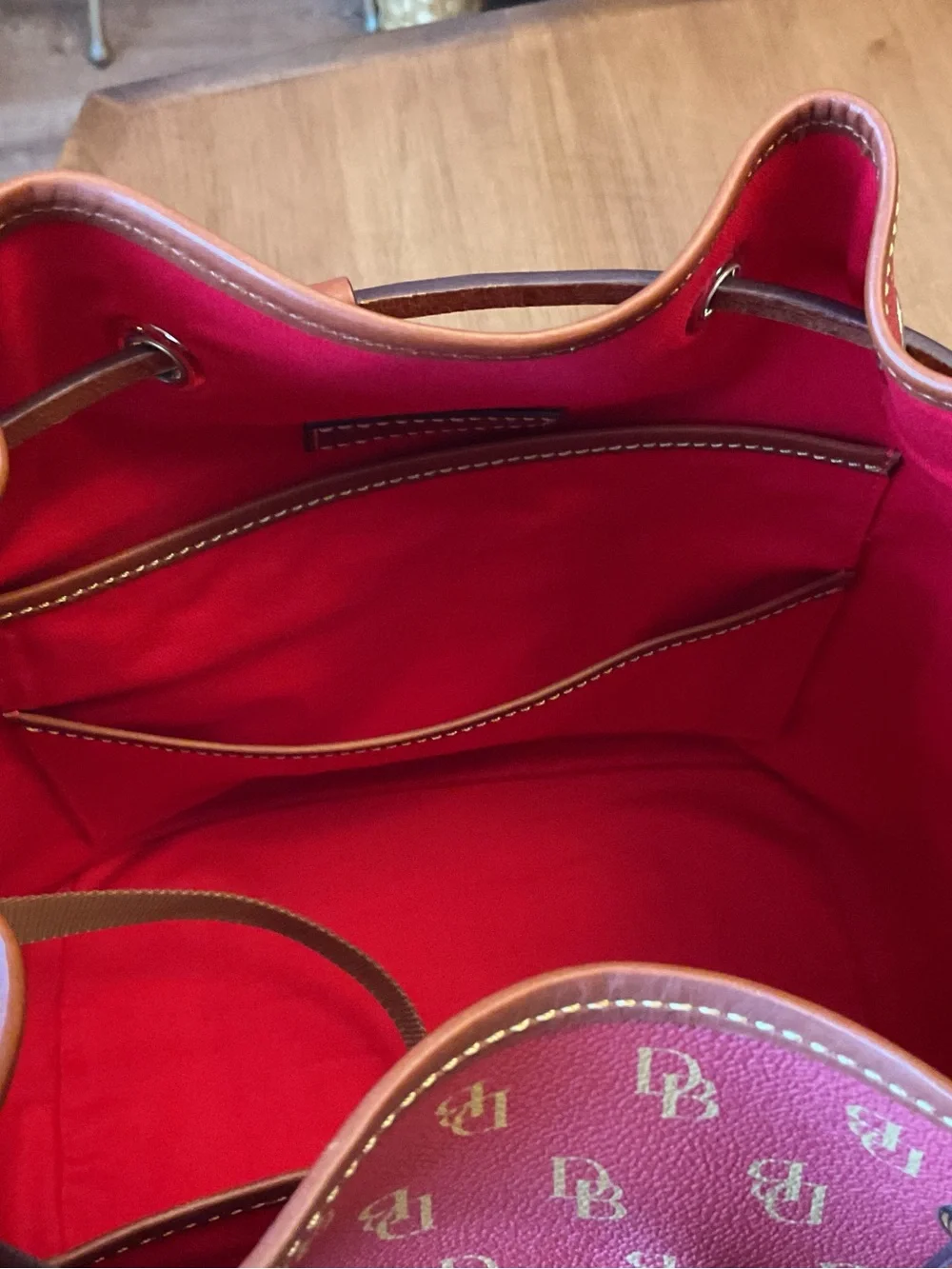 Dooney & Bourke Red Gretta Drawstring Bucket Shoulder Bag with wallet - Picture 10 of 16